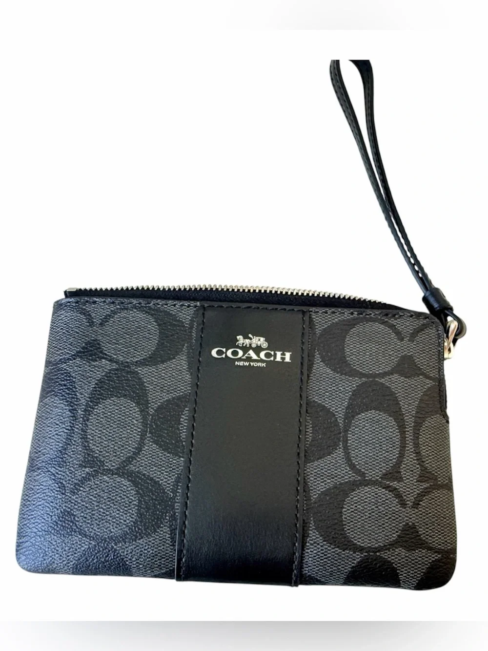 Coach Women’s Signature Canvas Corner Zip Leather In Black/Graphite Mini Wristle